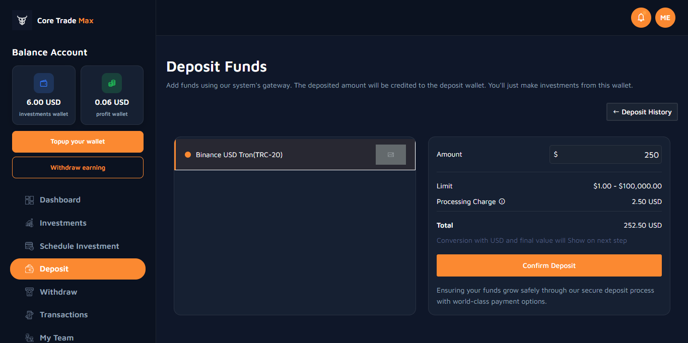 Deposit form screenshot