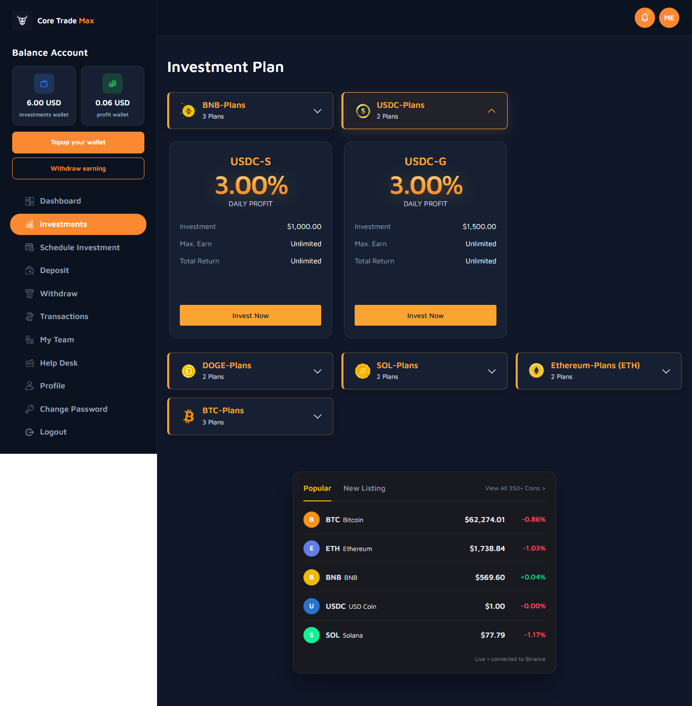 Investment plan screenshot