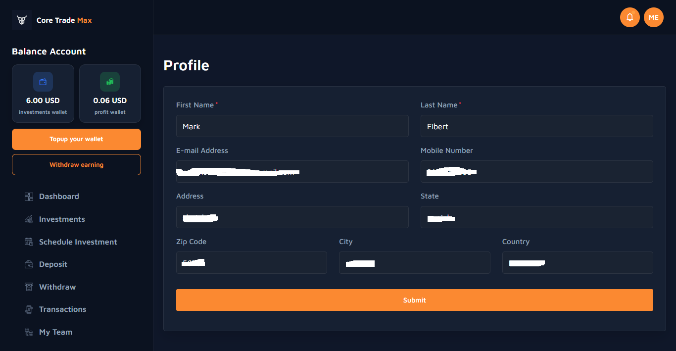 Profile form screenshot