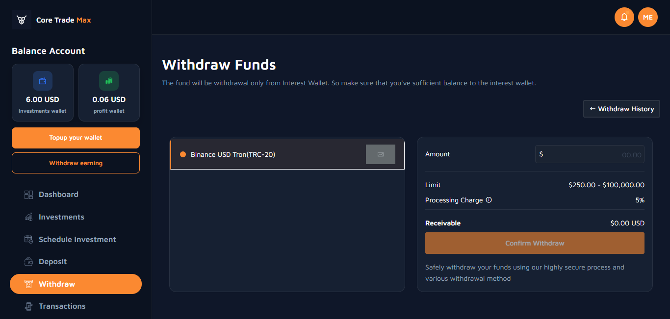 Withdraw form screenshot